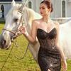 Rochie de seară Europeană și Americană, din dantelă cu paiete, tip top tubular decupat, cu croială mulată și subțire, cu crăpătură înaltă, rochie de banchet