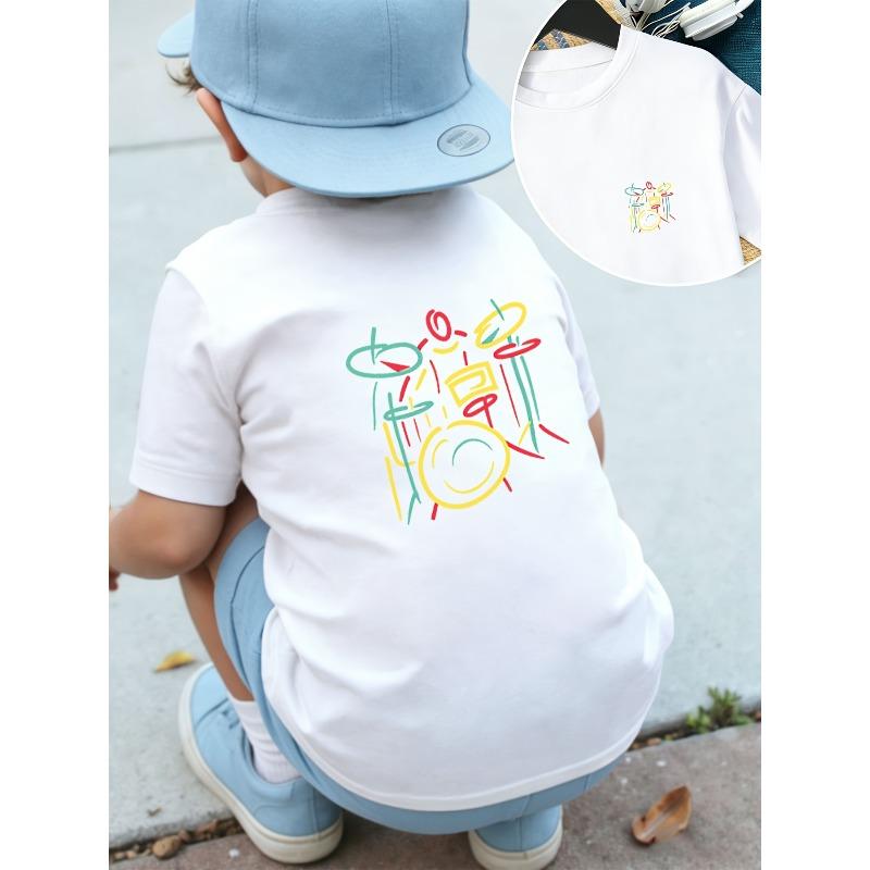European sizes Boys' Front And Back Print T-Shirt, Fashionable And Comfortable Spring Summer Top, Colorful Line Drummer Instrument Pattern