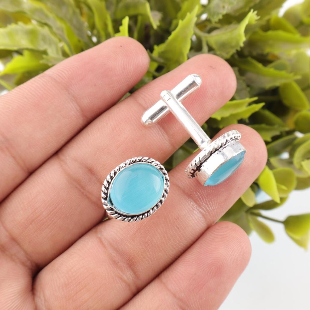 Natural Blue Cat's Eye Gemstone 925 Sterling Silver Handmade Men Cufflinks 0.6" CL-1-26