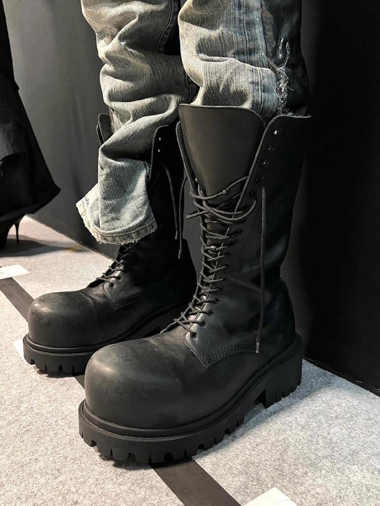 Leder supercoole Big Head Martin Stiefel Damen Rundkopf hochgezogene Spitze mittelhohe Stiefel Herren und Damen gleich dicker Absatz erhöht dicksölig Schnür-