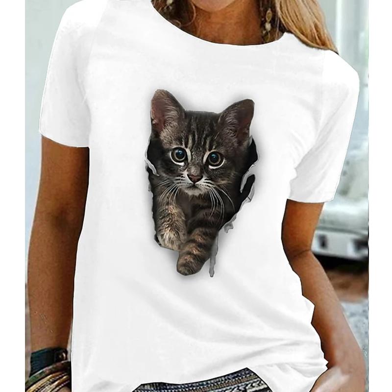 Dámské letní tričko trend potisk kotěte retro móda trička s krátkým rukávem ležérní potištěné topy