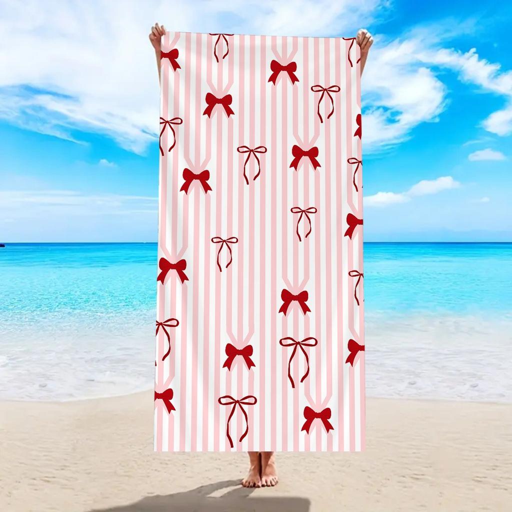 Pink Striped Bow Print Beach Towel Cute Girly Bow Pattern Quick Dry Sand Free Absorbent Lightweight Towel for Beach Pool Travel
