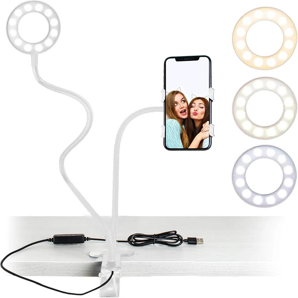Universal Flexible Mobile Phone Holder with Selfie Ring Light Office Lazy Bracket Desk Lamp LED Light for Live Stream Fill light