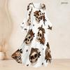 Women Plus Size Round Neck Bell Sleeve Leopard Sport Ball Print White Maxi Dress
