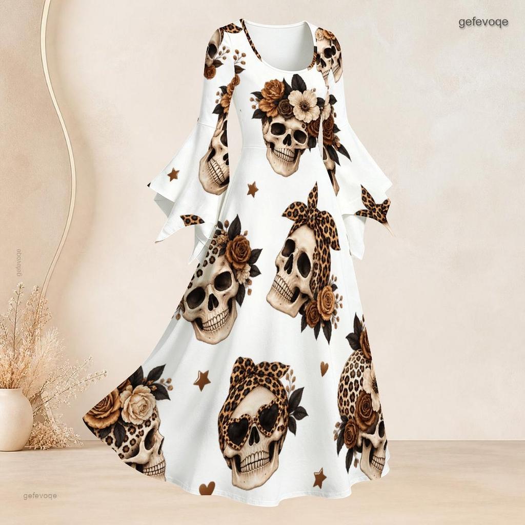 Women Plus Size Round Neck Bell Sleeve Leopard Sport Ball Print White Maxi Dress