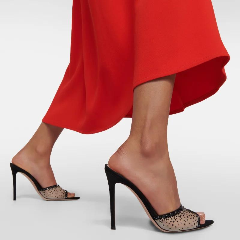 Fashion Summer Woman Thin Heel Rhinestone High Heel Slippers Fashion Open-toed Pointed End Slip-on Not Tired of Feet Stiletto