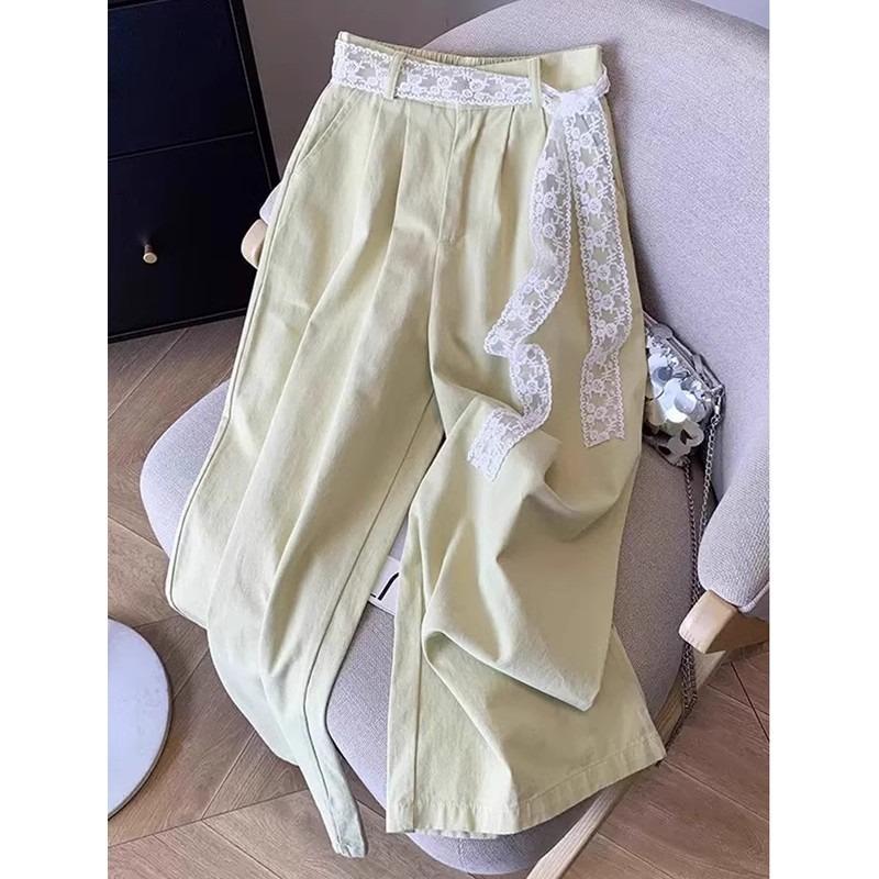Lace belt wide-leg pants high-end loose and thin casual pants temperament versatile solid color floor-mopping straight-leg pants