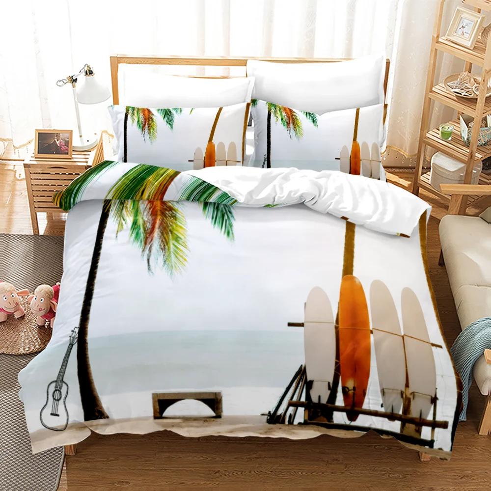 Beach Setting Sun Duvet Cover Set Tropical Island With The Palm Tree And Sea Beach Nature Theme Queen Size Quilt Cover