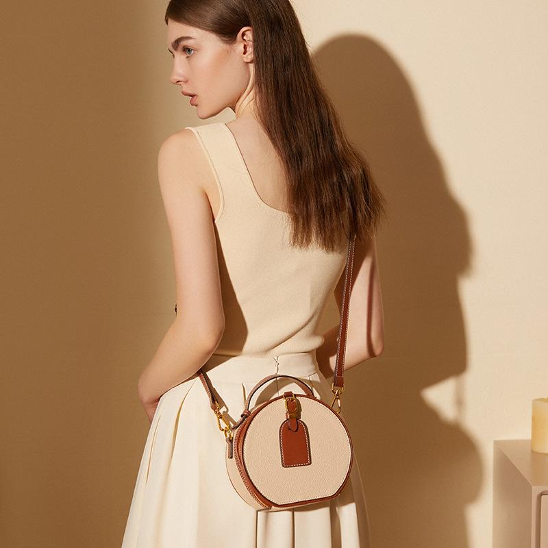 Women's Genuine Leather Bag Versatile Contrast Pebble Pattern Women's Bags Round Bun Bags