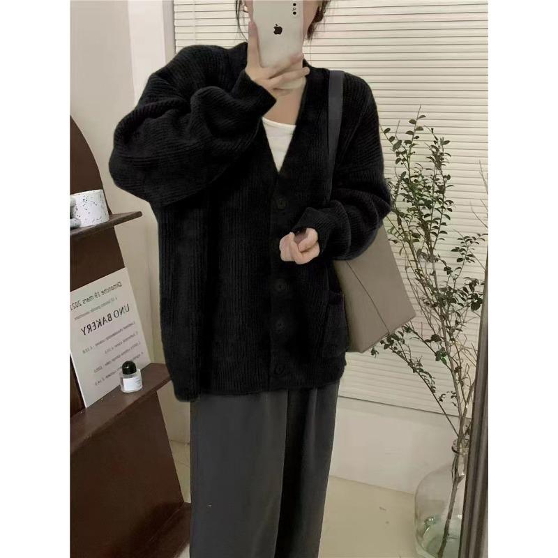 Retro Lazy Wind V-Neck Knitted Cardigan for Women's Autumn and Winter New Loose Versatile Single-breasted Sweater Jacket for Women