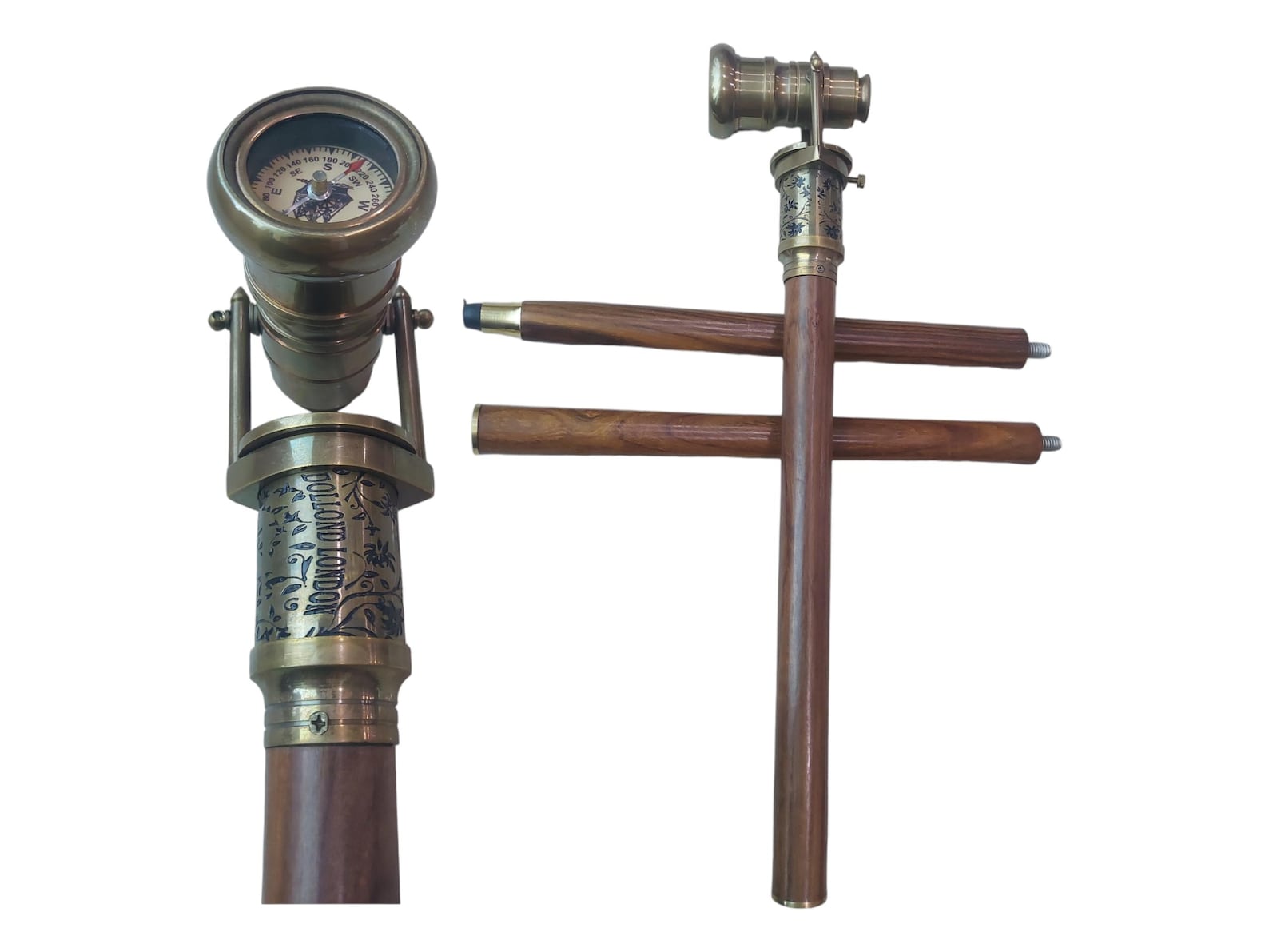 Compass Walking Cane with Brass Telescope Handle Vintage Foldable Wooden Steampunk Victorian Stick
