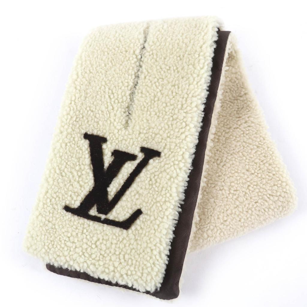 Excellent LOUIS VUITTON Scarf LV logo sheepskin fur tippet shawl Ivory M79229 Used