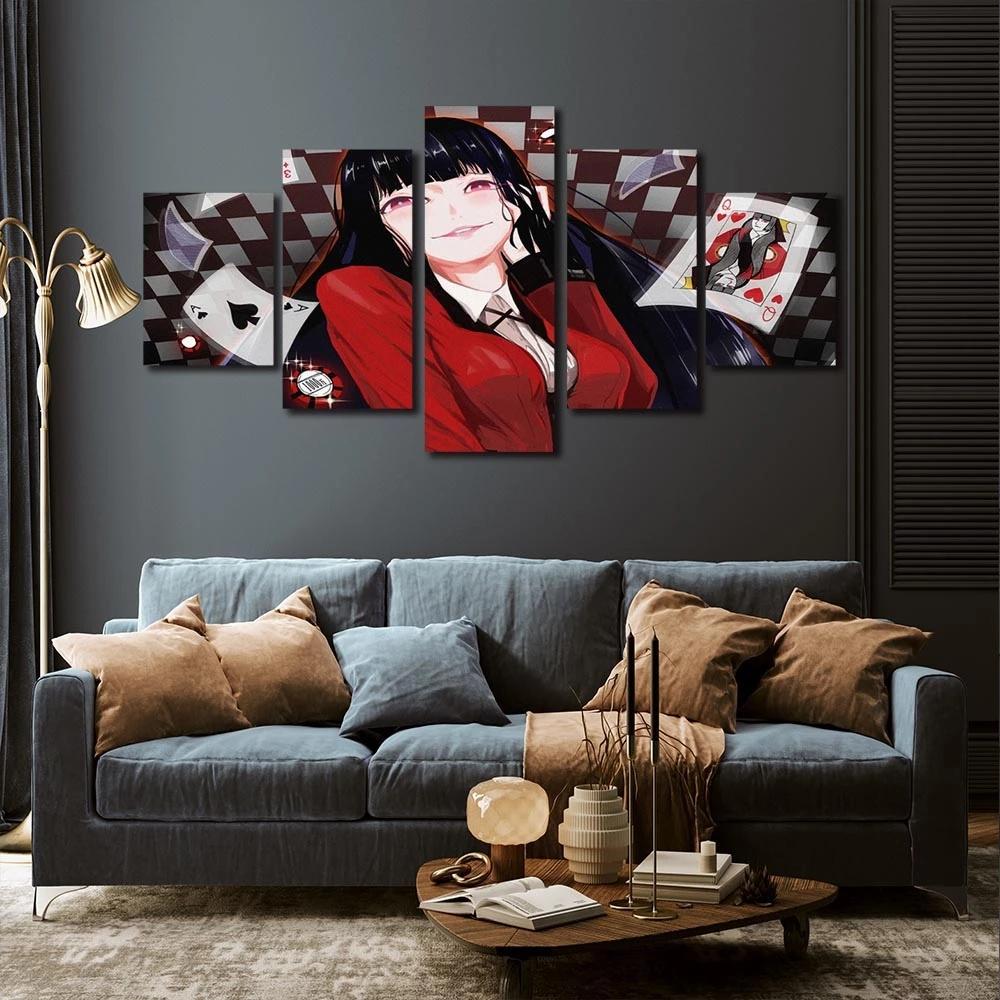 Girl Playing Cards Frame Poster 5 Pcs Japan Style Yumeko Jabami Wall Art Print Modular Canvas Painting Decor Home Anime Picture