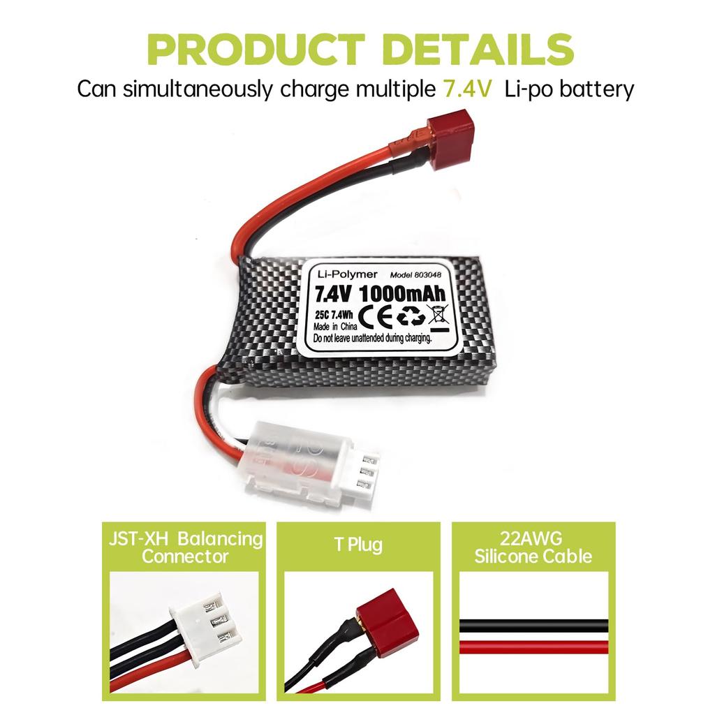 2PCS 7.4V 1000mAh T-Plug Lithium Battery for 18858 18859 18859A 18859E HM163 HM164 35-DJ03 35-DJ04 SN-DJ02 16889 16889A 16890 2845 2846 Q901 Q902