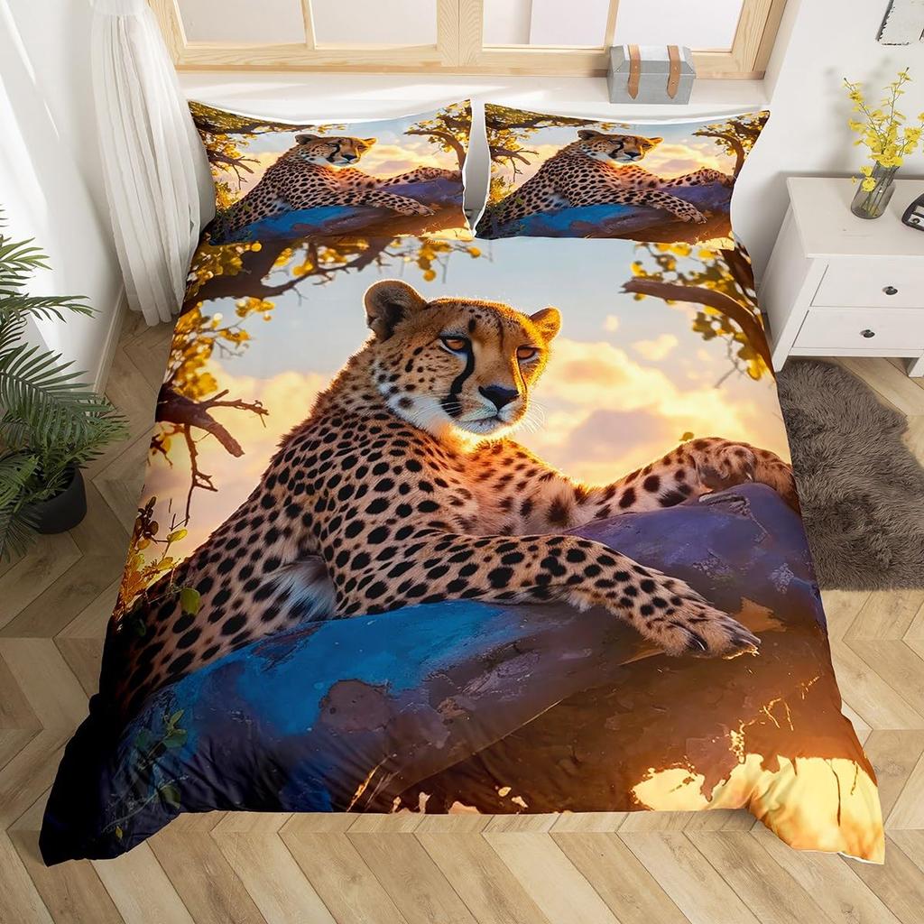 Sada povlaků na peřinu s gepardím potiskem Sada potahů na prošívanou deku Velikost Queen King Zvířecí Dospělí Kluci Dospívající Domácí povlečení Sada 3 kusů