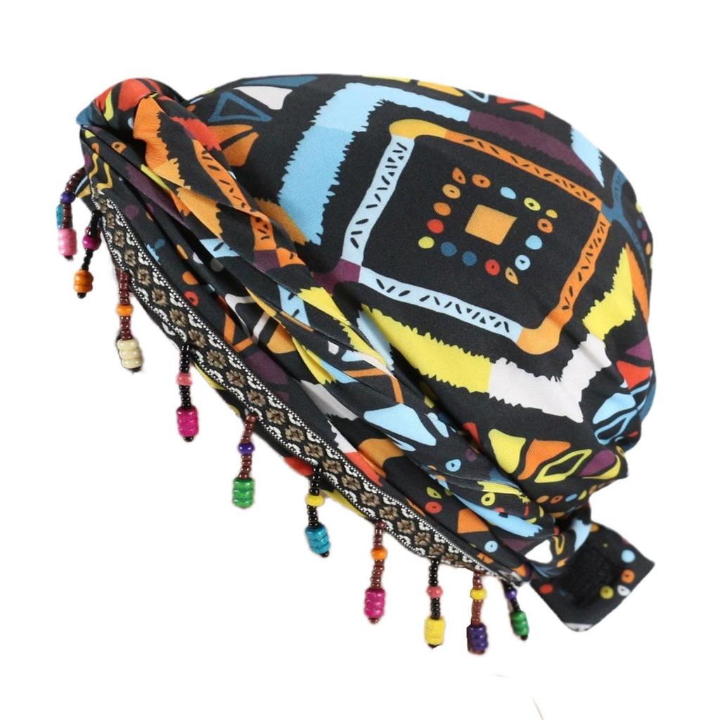 Colorful Beaded Headscarf Cap With Prickly Hair Sticker, Adjustable Pullover Cap, Printed Tail Cap, High Elasticity