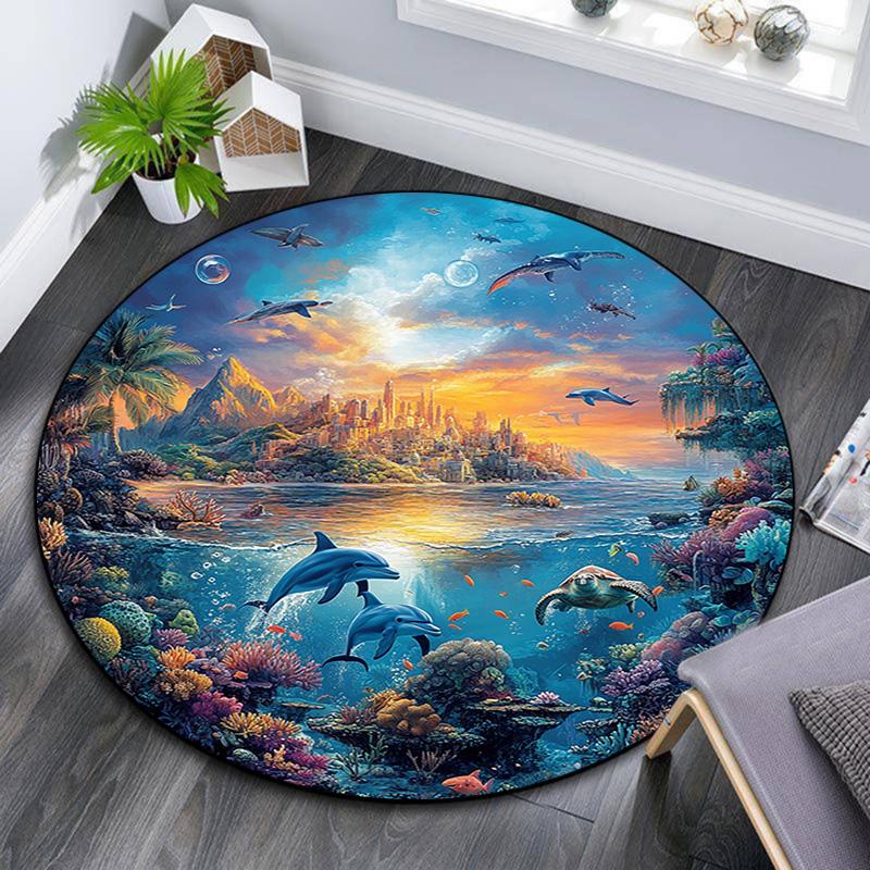 Dolphins Coral Round Area Rug,Carpet Rug for Living Room Bedroom Sofa Playroom Decor,Non-slip Floor Mat