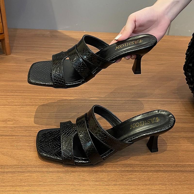 

Блестящие Роскошные Шлепанцы с Декором из Страз Женские С Квадратным Носком На Тонком Высоком Каблуке Летние Туфли для Вечеринки Свадебные Туфли 40 чёрный