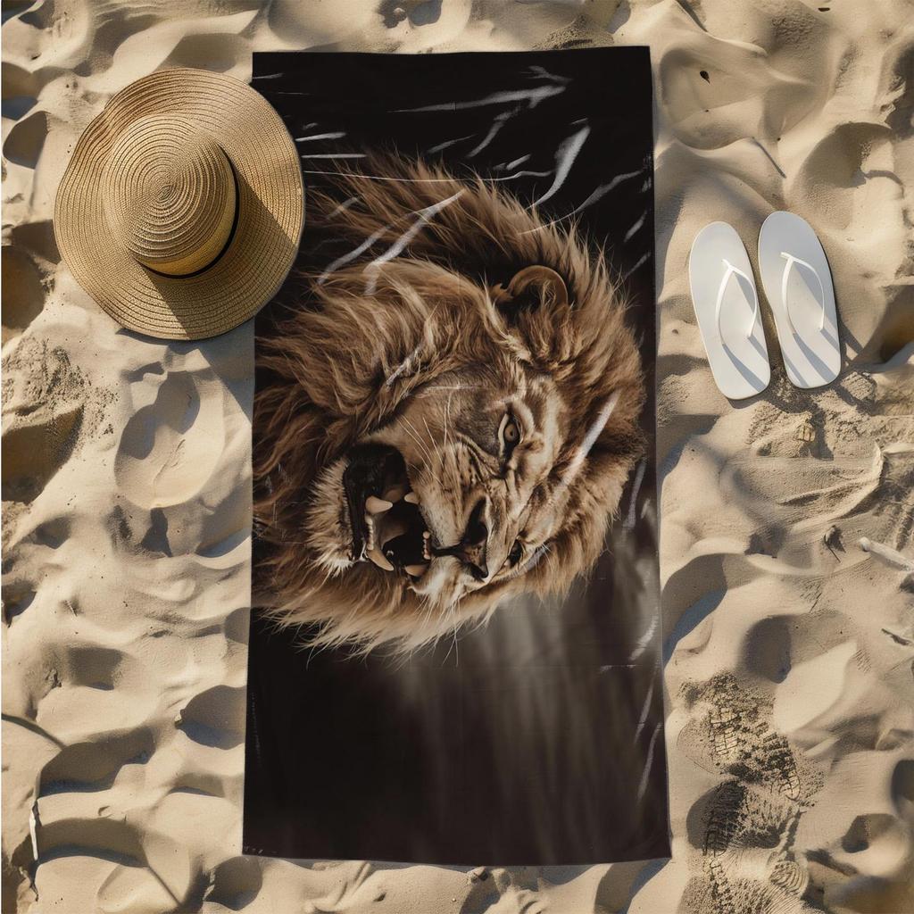 1pc Fierce Lion Roar in the Wild Storm 2D Printed Microfiber Beach Towel, quick dry super absorbent. Great for beach, pool