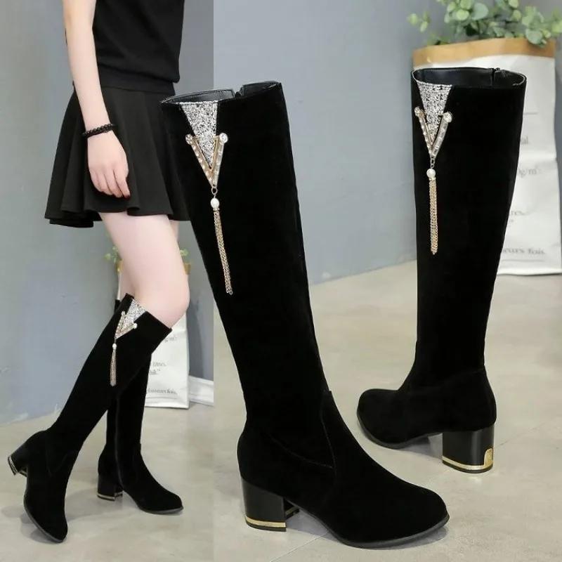 2024 Women High-heeled Shoes Winter New Women's Long Boots 2024 Rhinestone Thick-heeled Knee-high Boot Side Zipper Knight Boot
