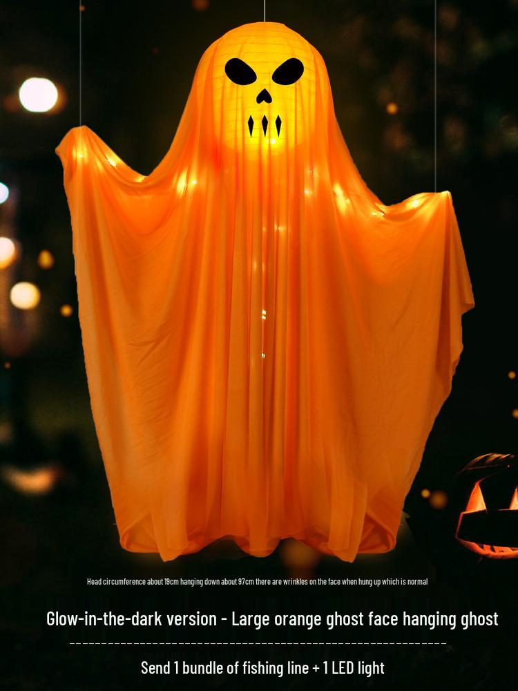 Halloween Ghost Pumpkin Lantern Pendant - Luminous Hanging Decoration for Spooky Indoor Scenes.