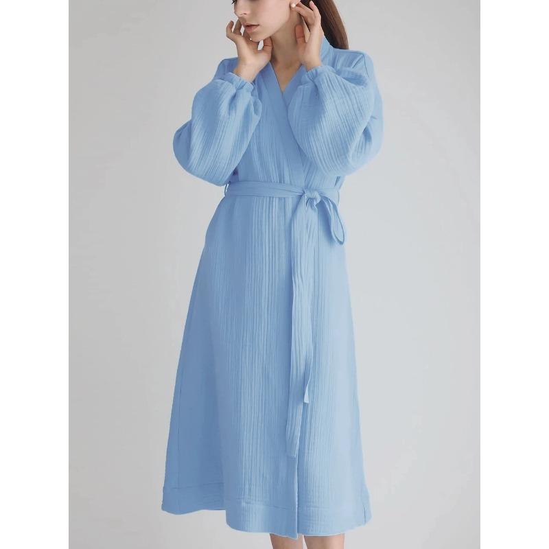 

Однотонний жіночий халат з рукавами-буфами, банний халат кімоно з довгим рукавом, нічний одяг, бавовняні халати, жіночий домашній одяг, халати для переодягання L синій