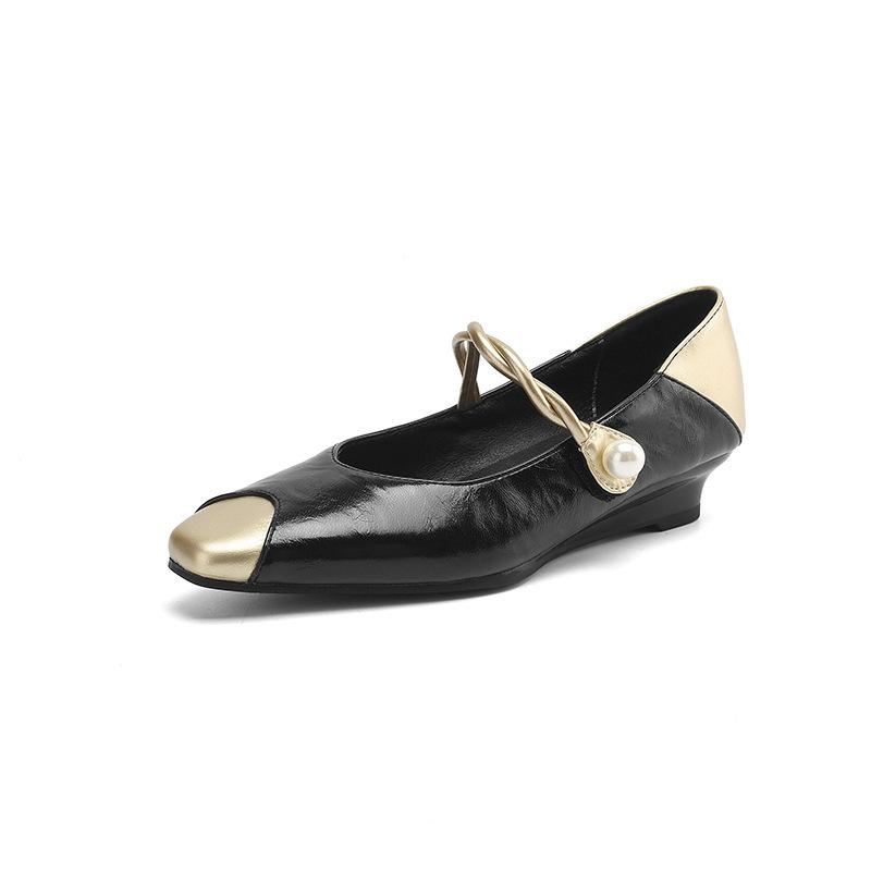 New Women's Fashion Single Shoes Women's Leather Shoes Foot Cover Casual Low Heel Solid Color Wedge Heel Shoes Four Seasons Wear Women's Shoes Rou