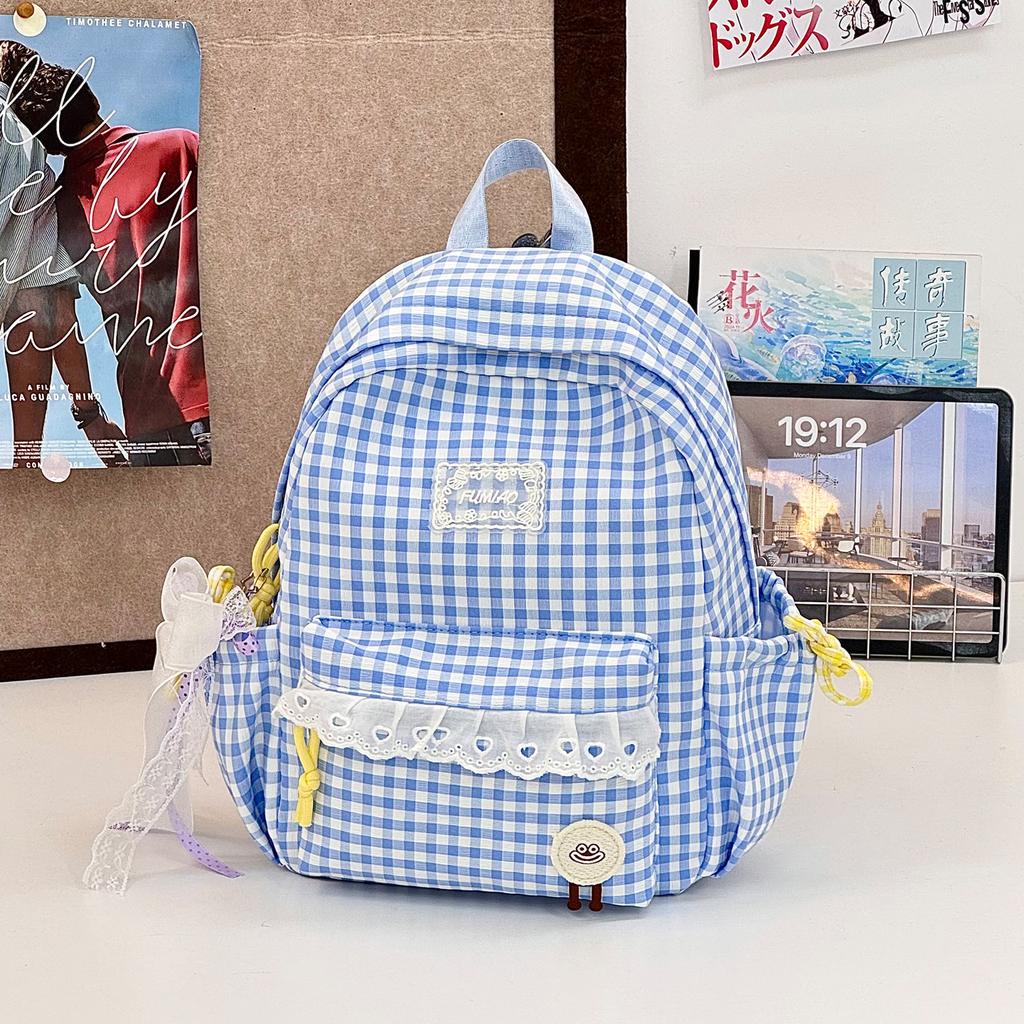 Schoolbag New Summer Lace Plaid Girl Children's Travel Backpack Primary School Bag Women's Spring Picnic Small Backpack