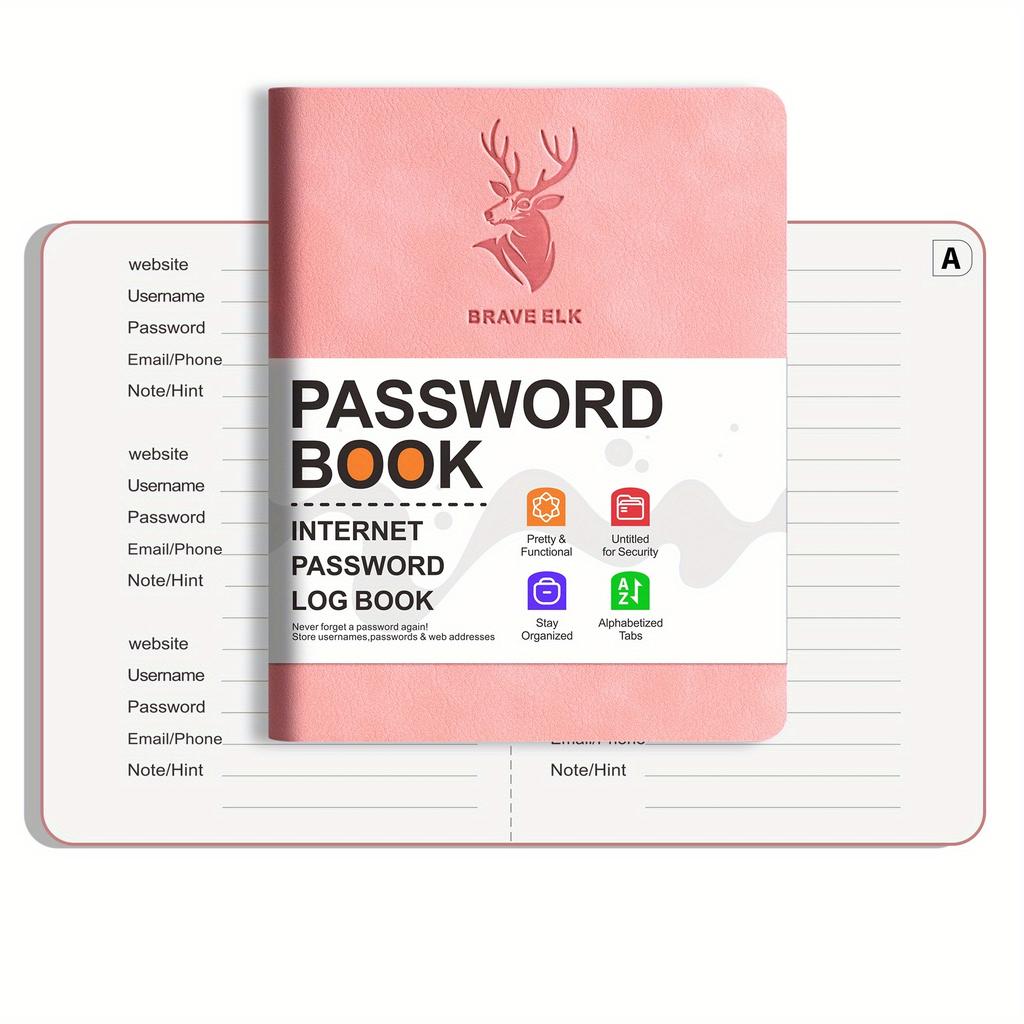 Bezpieczny dziennik w oprawie ze sztucznej skóry z dużym drukiem i zakładkami alfabetycznymi – zapobiega kradzieży tożsamości, bezpieczne przechowywanie haseł