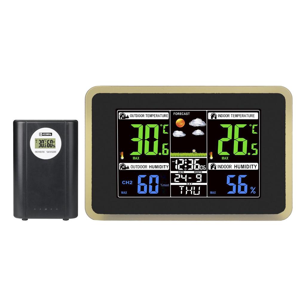 "433MHz bezdrátové hodiny předpovědi počasí s barevným displejem, vnitřní/venkovní monitorování teploty a vlhkosti a duální alarm"