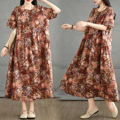 Abito Estivo Retro in Cotone e Lino a Girocollo a Maniche Corte, Gonna Ampia da Donna
