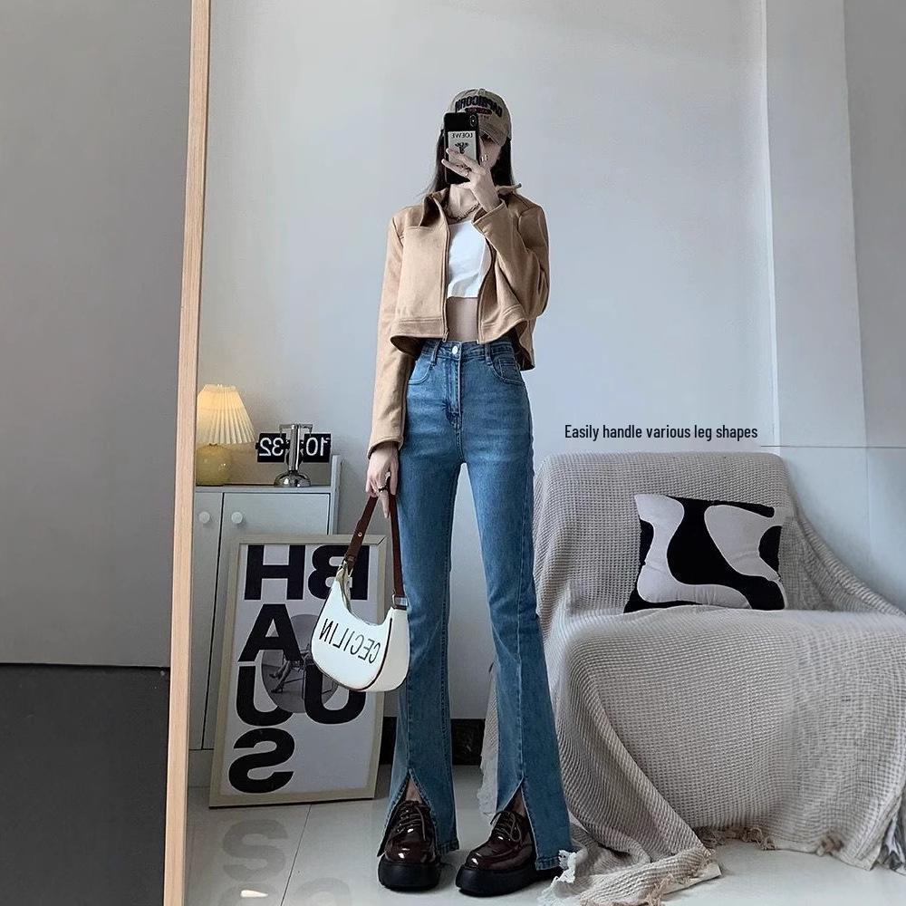 2025 Bell-Bottom High-Waist Denim Jeans - Slimming, Elastic, Floor-Length Pants for Spring and Autumn