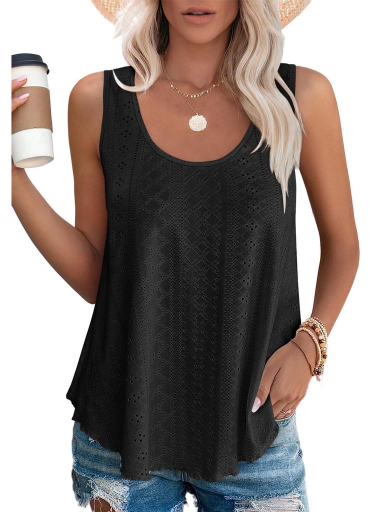 European & American Women's Summer Crew Neck Eyelet Sleeveless Tank Top T-Shirt