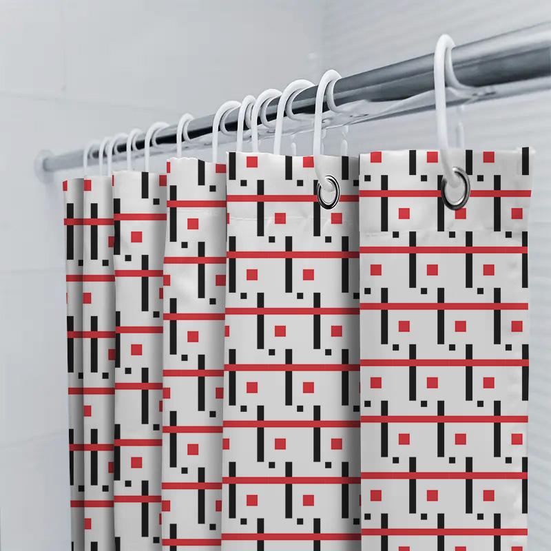 Moderner Roter Schwarzer Weißer Geometrisch Bedruckter Duschvorhang Für Badezimmer Wasserdicht Heimdekoration 3D Wassertropfenresistent Anpassbar