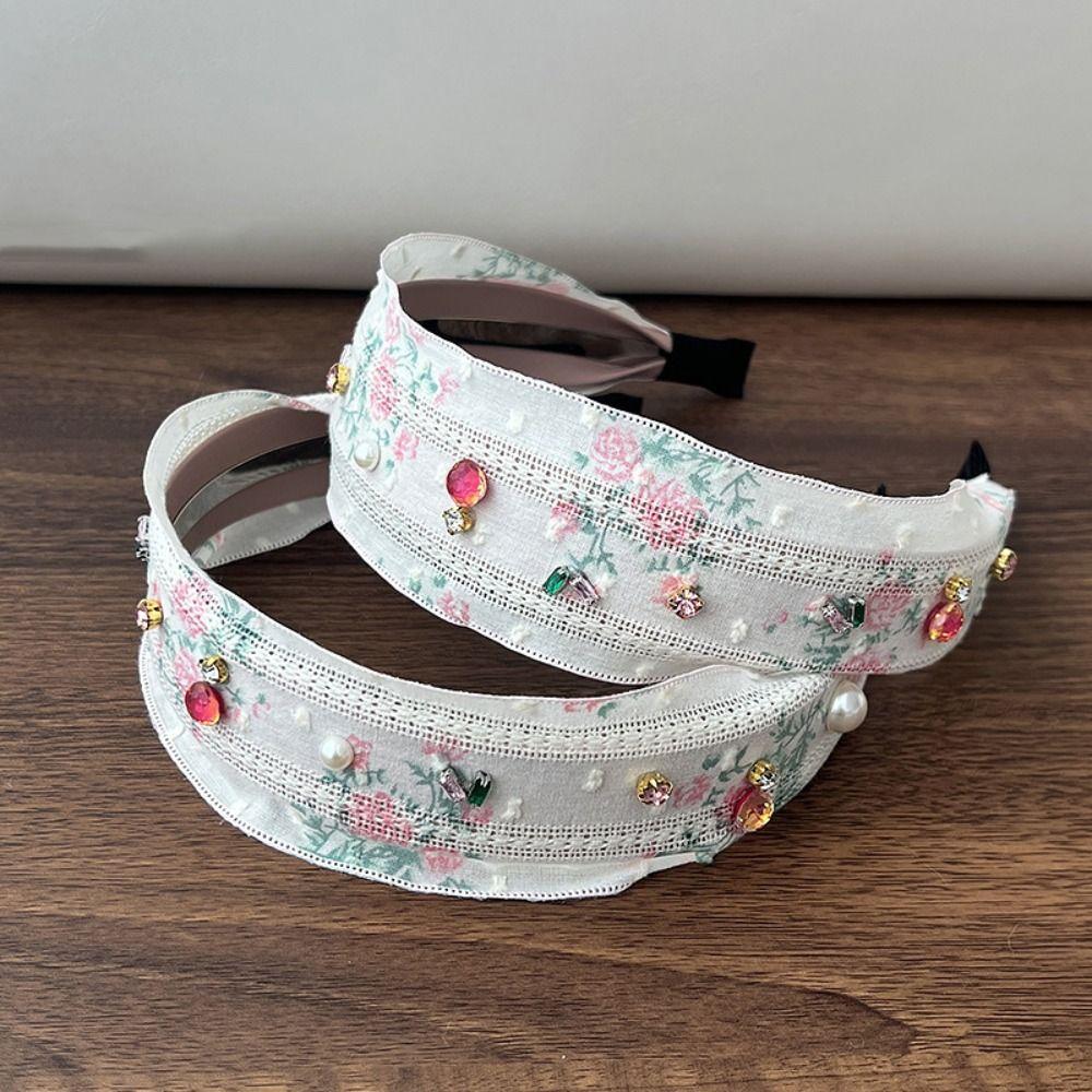 Floral Bow Hair Rope Wide Edges Rhinestone Hair Band Creative Embroidery Lace Headband  Women
