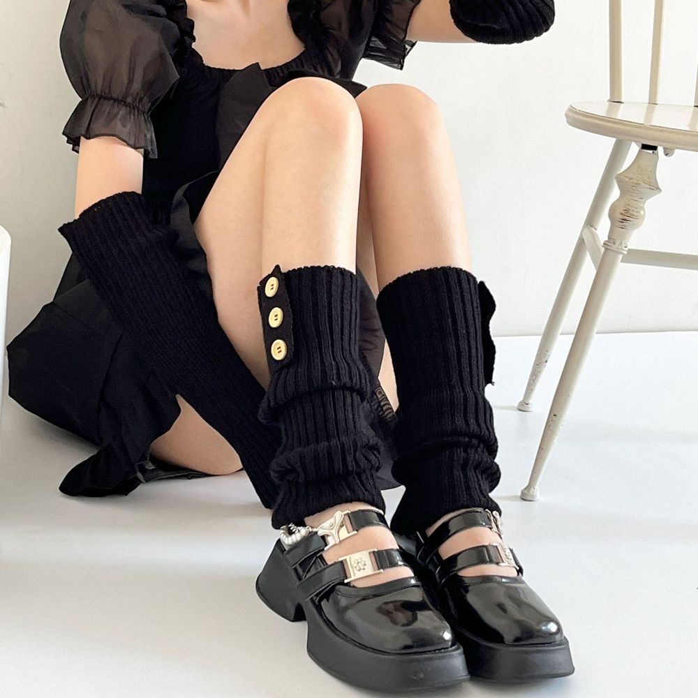 Style Buttons Stripe Lolita Wool Boots Women Leg Warmers Knitted Foot Cover Long Socks Cover