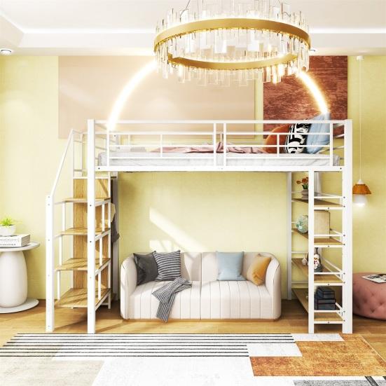 Youth Bed with Safety Stairs Several Shelves Built-in Wardrobe Strong Load Bearing Metal Frame Loft Bed Home Furniture