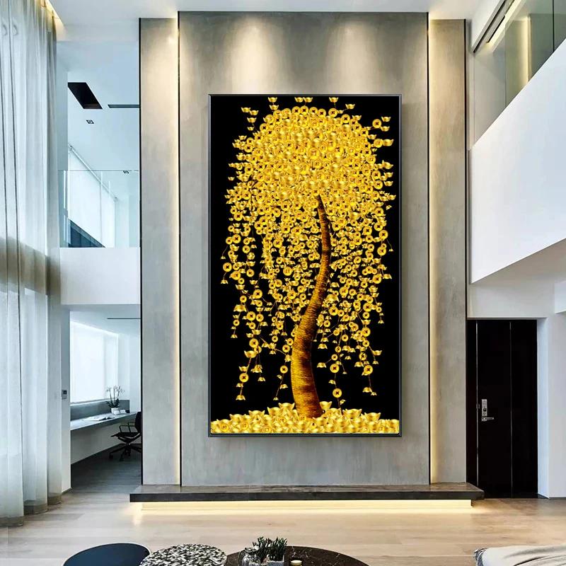 Golden Tree Rich Money Nordic Art Canvas Painting Wall Art Posters Prints Wall Pictures for Living Room Home Wall Cuadros Decor Frameless