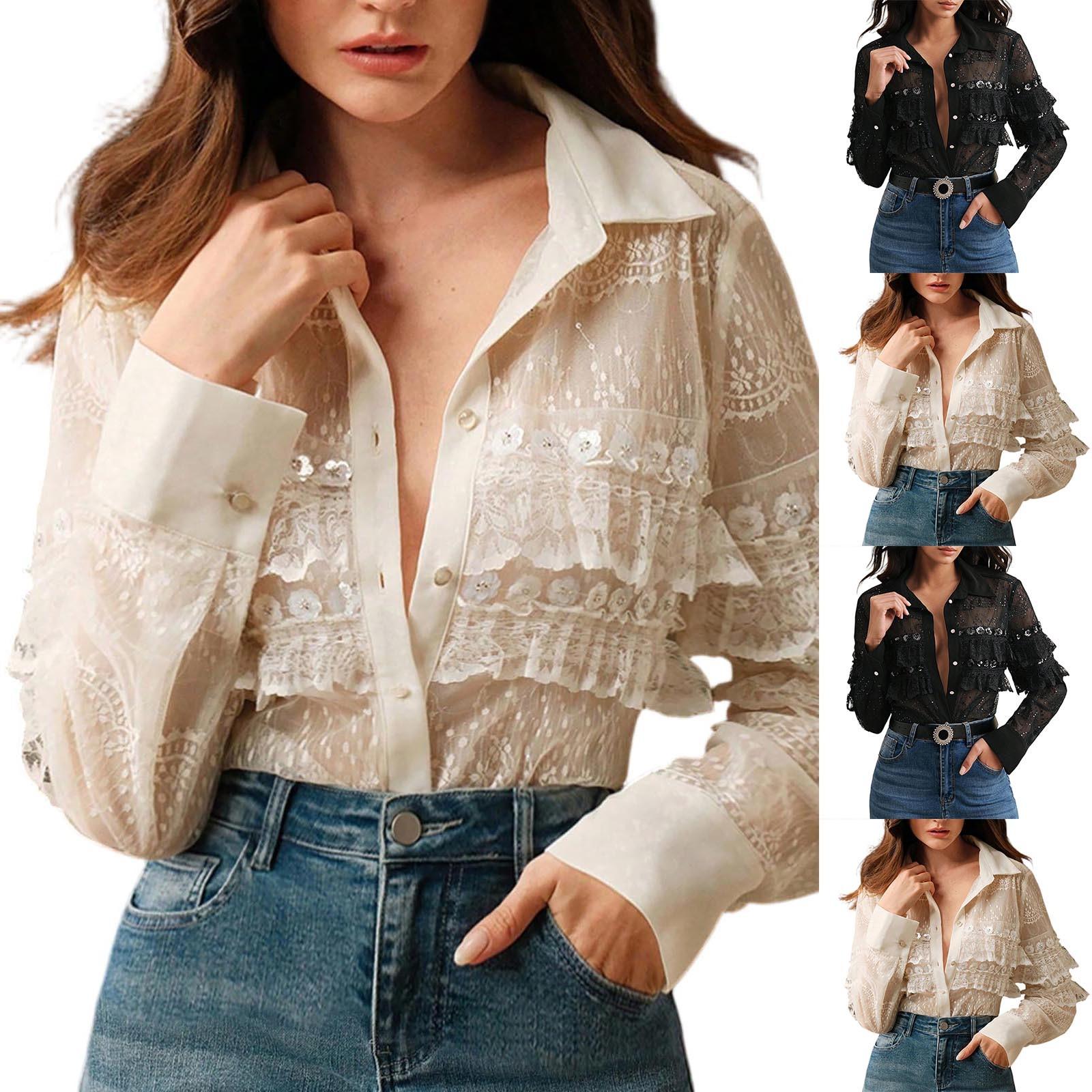 

Women s Fashion Elegant Patchwork Ruffle Lace Sequins Trim Layered Sheer Blouse Top L чорний