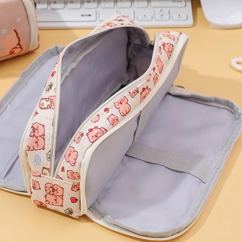 Cartoon Pencil Case Multi Compartments Canvas Pencils Bag Portable Pen Organiser Travel Cosmetic Bag for Student Women