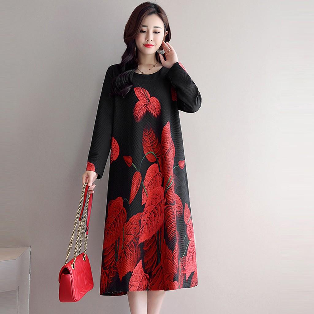 Fashion Casual Women Long sleeve Long Dress  Printed Loose Dress