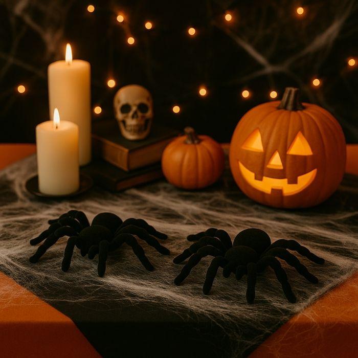Décoration Halloween - SIROCO - Lot de 2 Grandes Araignées Velours 10 cm - Noir - Réaliste - Réutilisables