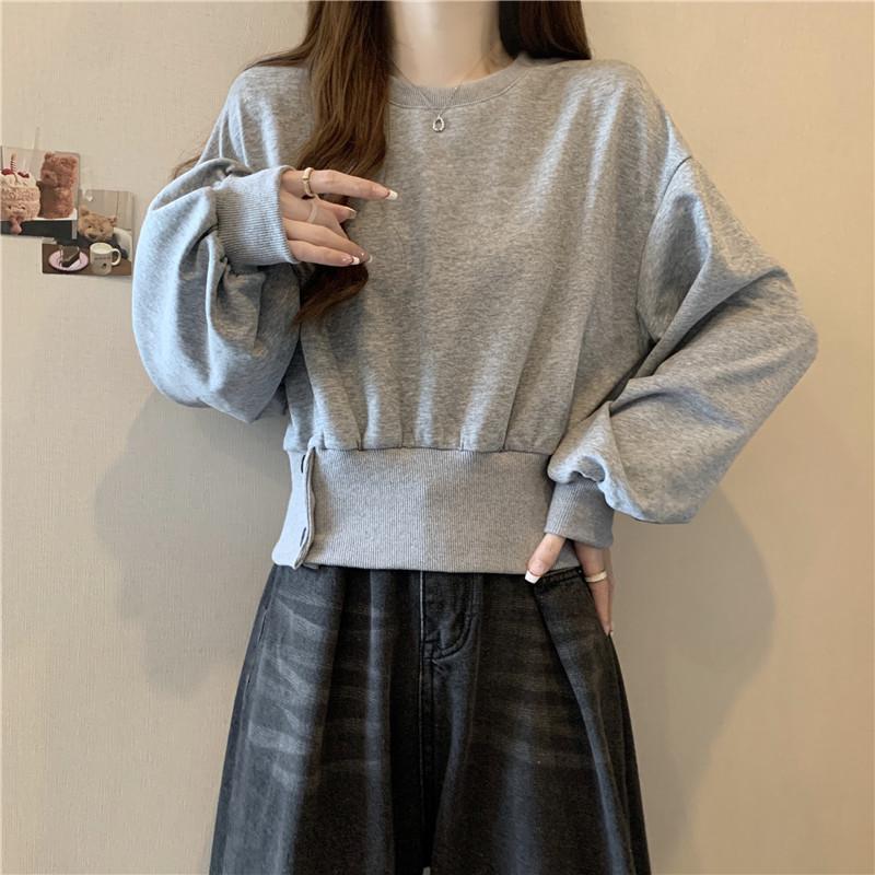 Real Shot Short Waist Long-sleeved Sweater Women's Season Thin Loose No Hat Button Top Jacket Velvet