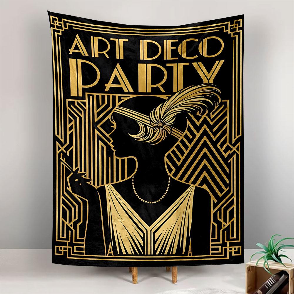 Art Deco style with geometric patterns, gold accents, and vintage elegance. Patterned tapestry for bedroom and living room home decor