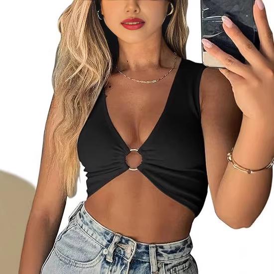 Summer Women's Sleeveless V-Neck Hollowed-Out Cropped Solid Color Vest