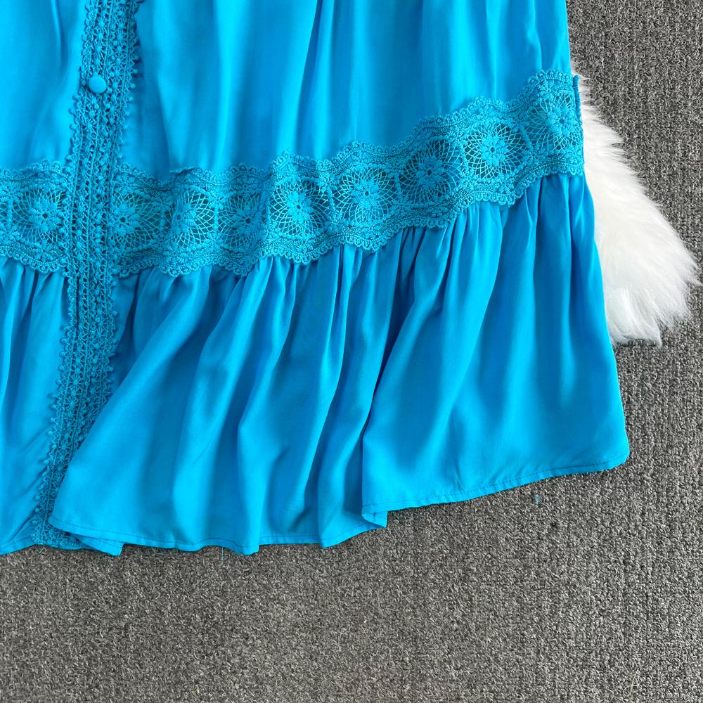 Neue Sommer Frauen V-ausschnitt Puff Kurzarm Dünne Lange Kleid Hohe Qualität Spitze Patchwork Big Hem Vintage Stickerei Kleid