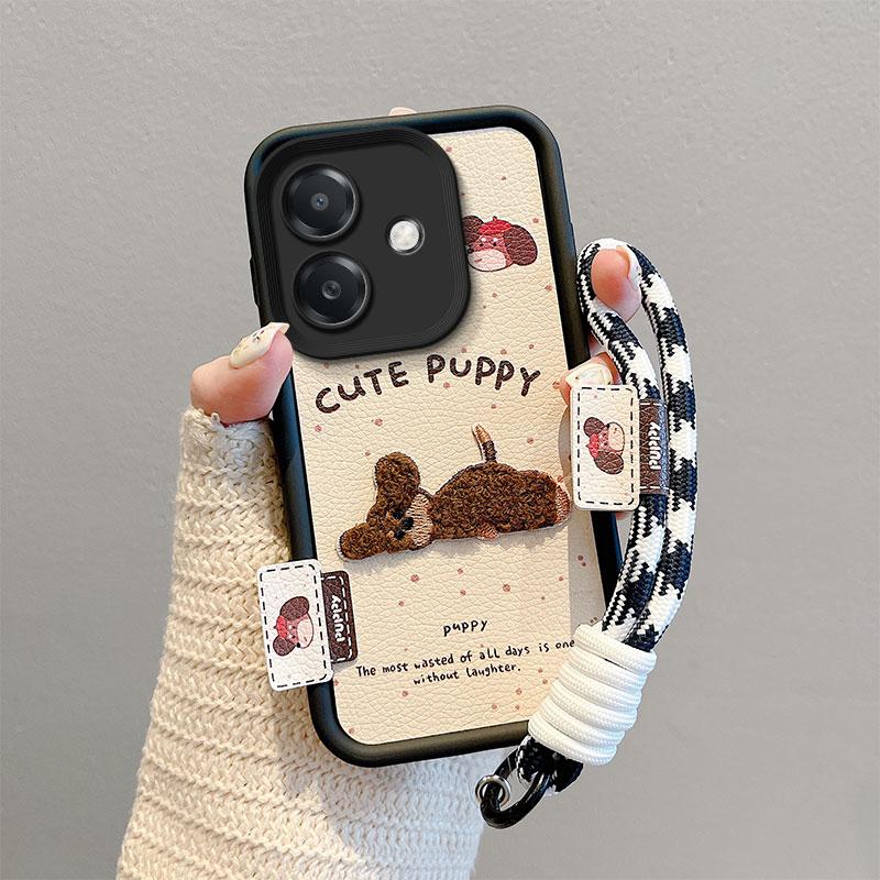 KEYSION Cartoon Cute Plush Embroidery Case for OPPO A5i with Lanyard Silicone Shockproof Phone Back Cover for OPPO A5i