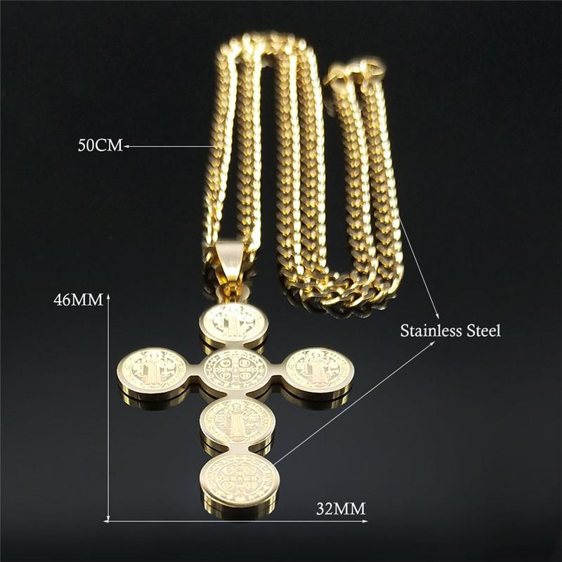 Fashion Stainless Steel Cross Necklace for Women Men Saint Benedict Gold Color Necklaces Jewelry Gifts Collar Cruz N3450S05
