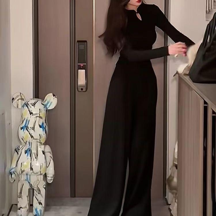 

Early autumn new new Chinese style unique top age-reducing sports casual thin wide-leg pants two-piece set XXL чорний