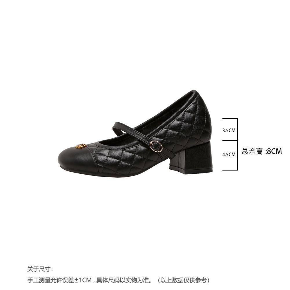 CM heightening metal camellia color matching thick heel single shoes women's new French square head rhombus Mary Jane shoes